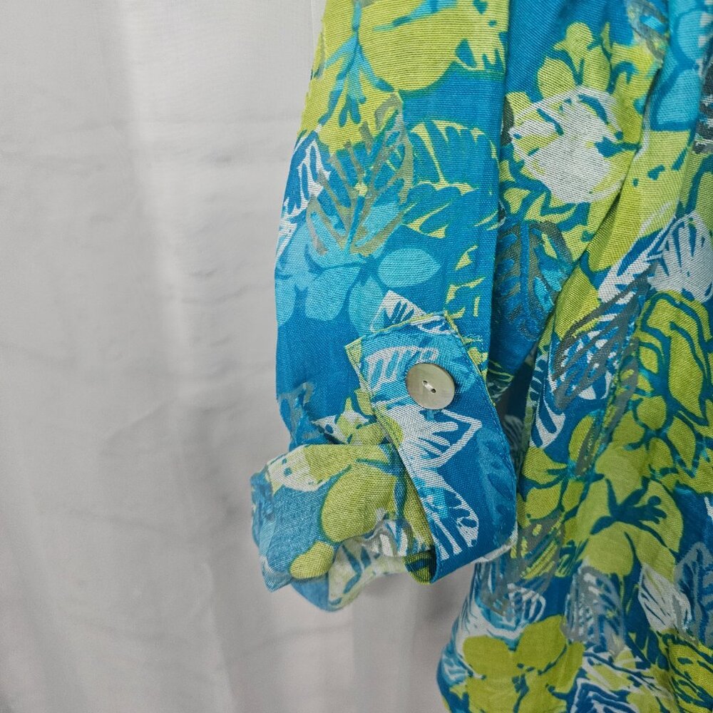 Ruby Rd Blue Green Tropical Button Down Shirt Rol… - image 6